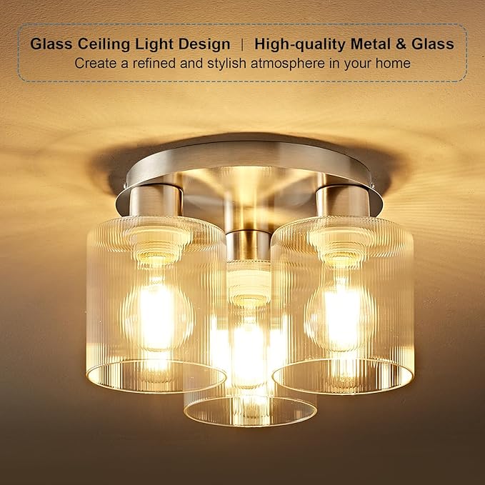 OKELI 3-Lights Semi Flush Mount Ceiling Light Fixture, Brushed Nickel Modern Close to Ceiling Light for Kitchen, Foyer, Entryway, Hallway, Dining Room, Clear Glass Shade