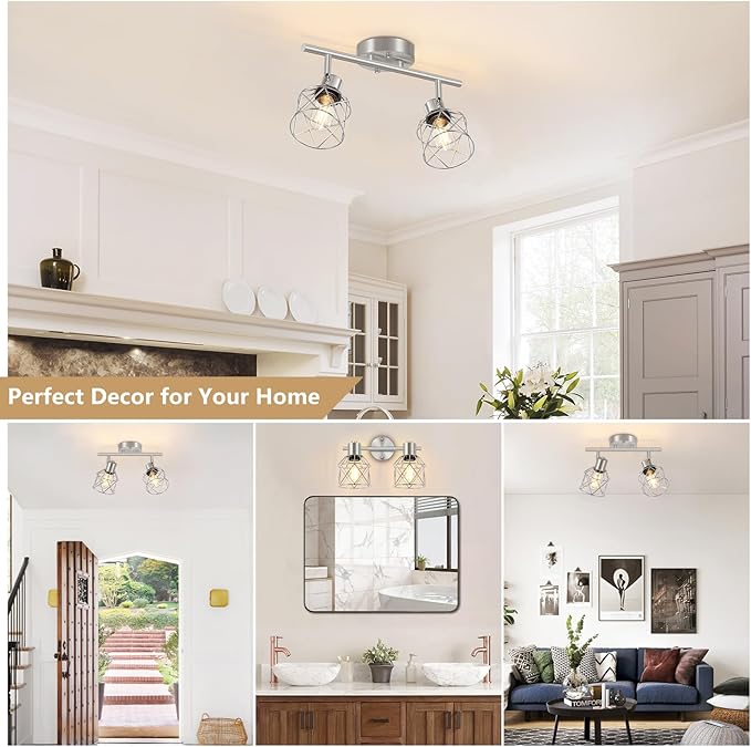 2-Light Brushed Nickel Semi Flush Mount Ceiling Light, Hallway Light Fixtures with Metal Wire Cage, Vintage Adjustable Track Spotlight Ceiling Fixtures for Dining Room, Farmhouse, Entryway