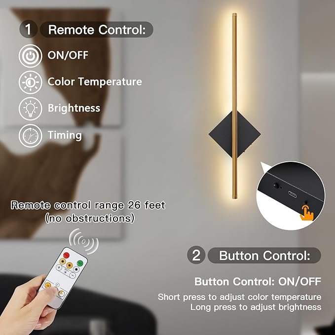 Battery Operated Wall Sconces Set of Two, Modern Sconces Wireless Cordless Rechargeable Light with Remote, Gold and Black Wall Lamp Dimmable Home Decor for Bedroom Living Room Hallway Timing 23.6 Inch