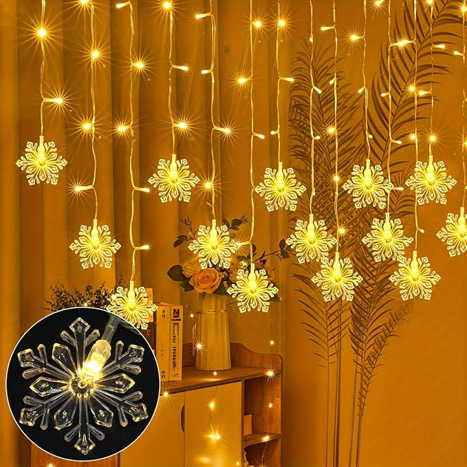 150 LED Christmas Icicle Lights with Snowflakes, Hanging Snowflake Light with 8 Modes, Connectable Warm White Icicle Lights for Outside, Roof, Window, Holiday Party Decor