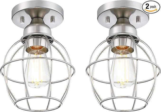 Farmhouse Ceiling Light Fixture, Vintage Semi Flush Mount Ceiling Light, Small Metal Cage Lighting Lamp for Hallway Entryway Kitchen Porch, Nickel Finish, 2-Pack