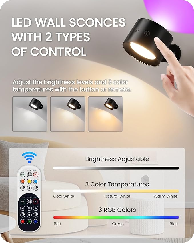 Battery Operated Wall Sconces 4 Pack, Rechargeable Wall Sconce with Remote Control, 3 Color Temp & 3 RGB & Dimmable, Wireless Wall Mount Light for Hallway, Bedroom, Black B02YBP406