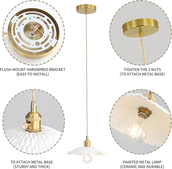 Pendant Lights Kitchen Island with Scalloped Ceramic Lampshade, Brushed Brass Pendant Light Fixture, Vintage White Hanging Light for Living Room Bedroom Dining Room Over Table