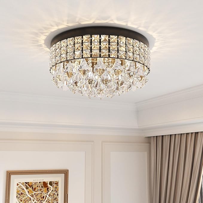Maxax 4 Lights Crystal Chandelier, Recessed Drum Ceiling Light, Mini Crystal Flush Mount Round Metal Shade Raindrop Chandelier Crystal for Dining Room Living Room Bathroom Bedroom, Black