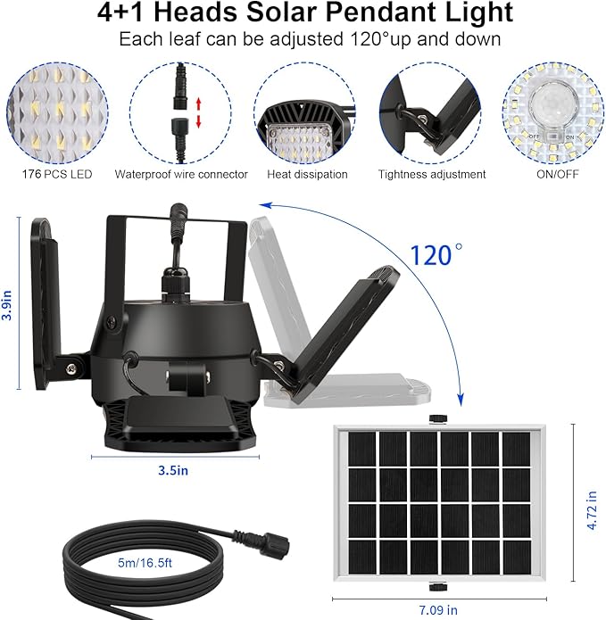 Auzev Solar Shed Light Indoor Outdoor Upgrade 176 LED 4 and 1 Heads Solar Powered Motion Sensor Pandent Daytime Work Lights with 4 Modes Remote Control Security lamp for Garage Gazebo Barn
