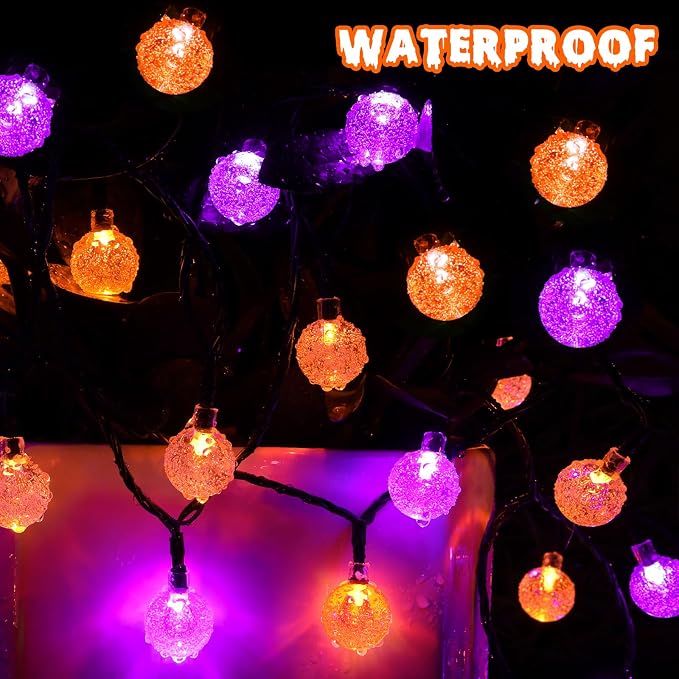 Joomer Orange Purple Halloween Solar String Light,65FT 100LED Crystal Globe | with 8 Lighting Modes,IP65 Waterproof Auto On/Off Solar Powered Lights for Garden Yard Outdoor Halloween Decor