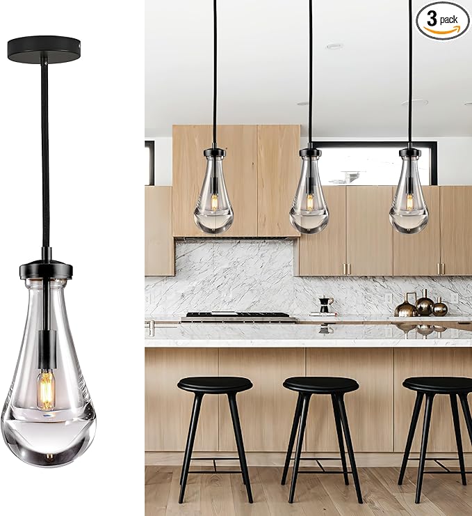 Raindrop Pendant Light Fixtures Set of 3, Clear Solid Glass Pendant Lighting, Teardrops Modern Hanging Light for Entryway Foyer Kitchen Island Dining Room Porch Corridor