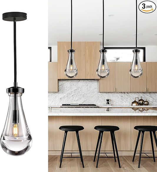 Raindrop Pendant Light Fixtures Set of 3, Clear Solid Glass Pendant Lighting, Teardrops Modern Hanging Light for Entryway Foyer Kitchen Island Dining Room Porch Corridor