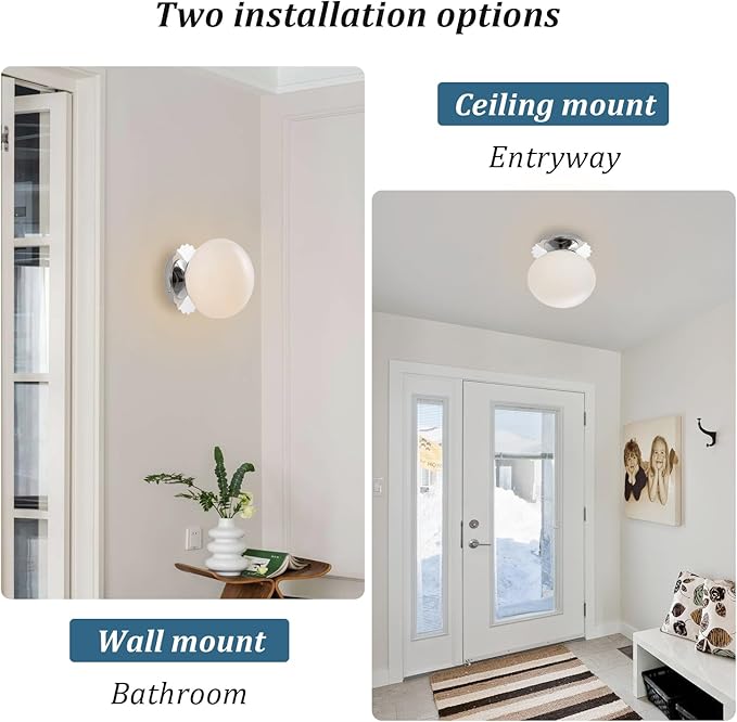 Modern Globe Glass Wall Sconces- Minimalist Home Shop Decor Wall Light 7" Glass Shade Hardwired- 1 Light Mid Century Wall Lamps Indoor Bedroom Bathroom Hallway Vanity Sconce Light (Chrome-White)