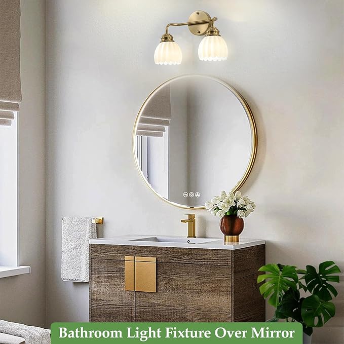 2 Light Vintage Bathroom Light Fixtures, Gold Bathroom Vanity Light, Brass Finish with White Tulip Glass Shade, Wall Lighting for Bedroom, Living Room, Hallway,E26 Base