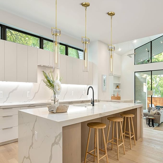 Brass Pendant Lights,Modern Glass Pendant Lights Kitchen Island,21.6'' Farmhouse Gold Kitchen Pendant Lighting Over Island for Dining Table,Bathroom,Bedroom,Included E26 Bulb