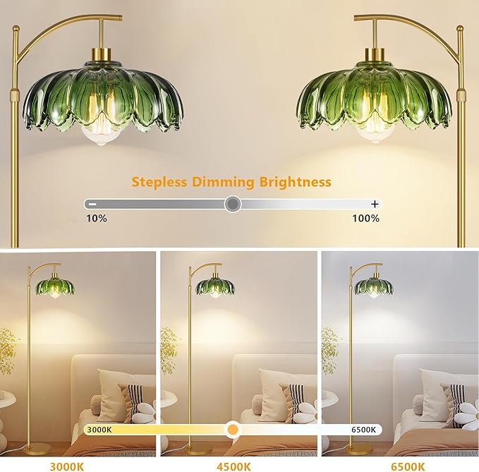 QIYIZM Gold Floor Lamp for Living Room,Bedroom,Mid Century Modern Standing Lamp with Remote,Dimmable Brass Tall Lamp Green Glass Lamp Vintage Retro Arc Floor Lamps Flower Floor Light Boho Bohemian