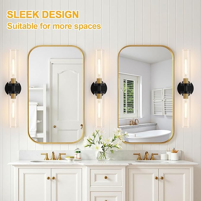Indoi Black and Gold Wall Sconce, Hardwired Bathroom Sconces Wall Lighting with Clear Glass, Modern Sconces Wall Light fixtures for Bathroom Mirror Living Room Hallway Bedroom