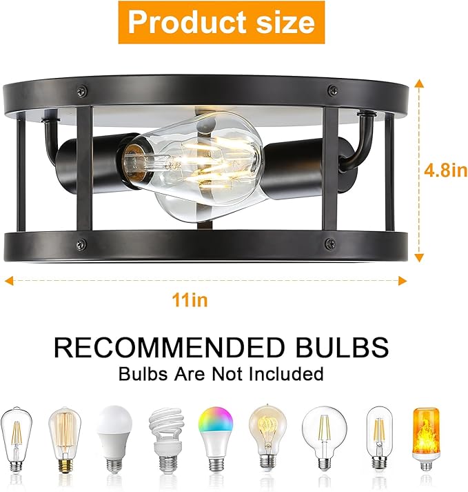 Close to Ceiling Light Fixtures 2-Light, 11 Inch Farmhouse Black Kitchen Semi Flush Mount Ceiling Light, Easy Assembled, Modern Indoor House Ceiling Lights for Bedroom Entryway