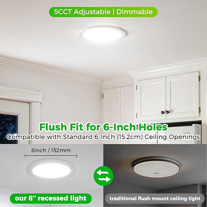 MAXvolador 12 Pack 6 Inch LED Recessed Ceiling Light with Junction Box 1200LM High Brightness, 2700K-6000K 5CCT Dimmable, 12W Ultra-Thin Canless Wafer Downlight