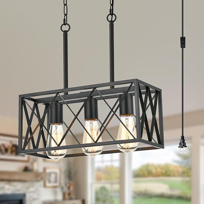 Black Plug in Pendant Light，3-Light Dining Room Light Fixture Over Table,Plug in Ceiling Light for Kitchen Sink，Industrial Metal Kitchen Pendant Lighting Over Island.