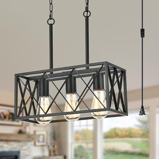 Black Plug in Pendant Light，3-Light Dining Room Light Fixture Over Table,Plug in Ceiling Light for Kitchen Sink，Industrial Metal Kitchen Pendant Lighting Over Island.