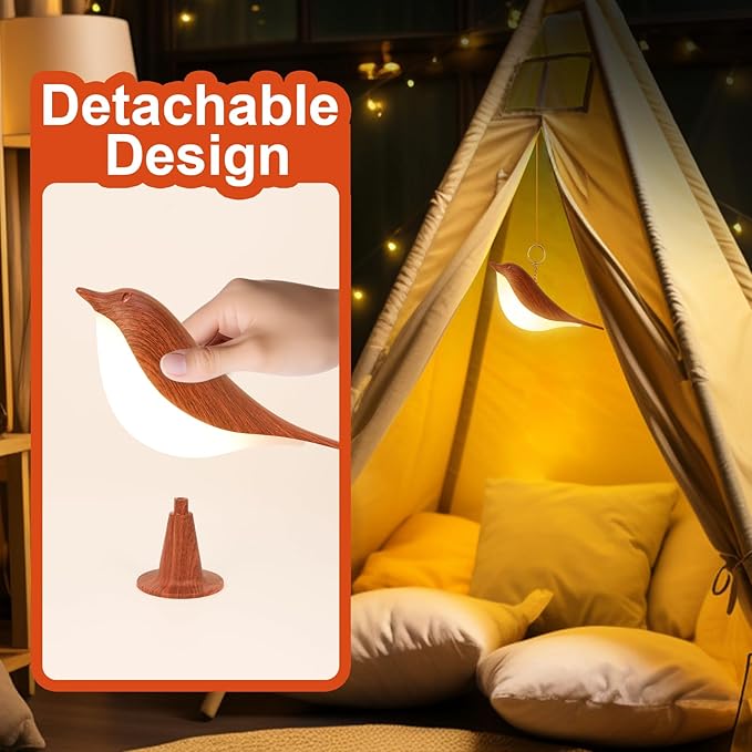 Deogos Small Desk Lamp, Bird Bedside Light with 3 Color Temperature and Touch Sensor, Cordless Kids Night Light, Rechargeable Battery for Bedroom Nightstand Table - Red