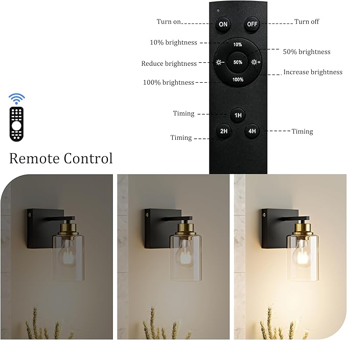 Battery Operated Wall Sconce Set of 2, Black & Gold Rechargeable Wall Lights with Timer Function, Easy Install Dimmable Wireless Wall Lamps for Living Room, Bedroom, Hallway, Entryway Decor 3000K