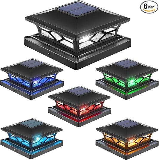 APONUO Solar Post Cap Lights with 8 RGB Colors and Multicolor Flow, Ultra-Bright Clear Lens, IP65 Waterproof for 4x4 5x5 6x6 Wood & Vinyl Fence Posts, 6 Pack Black