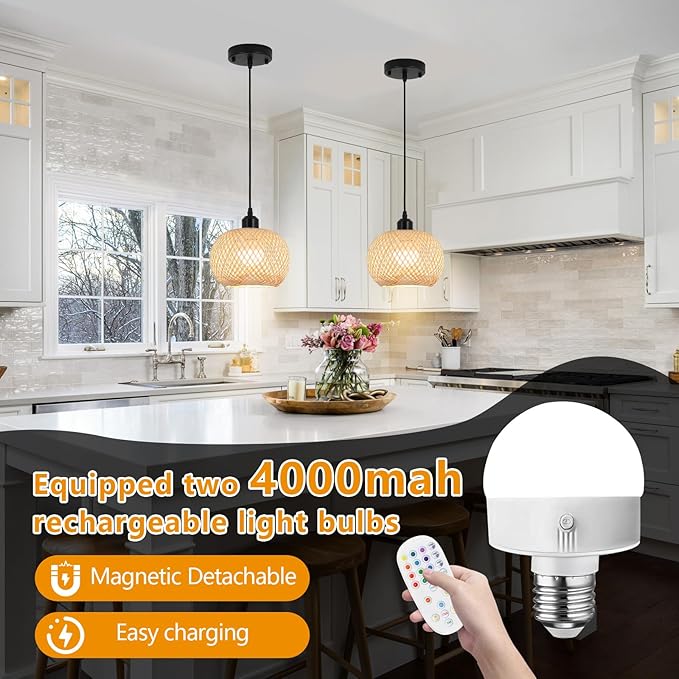 Boho Pendant Light Battery Operated,Rechargeable Woven Pendant Light with Remote,Rattan Pendant Light Fixtures for Kitchen Island,Wicker Hanging Lights for Dining Room Bedroom Hallway Entryway.