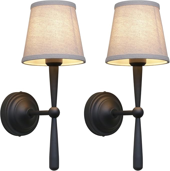 Sconces Wall Lighting Set of Two with Boho Linen Fabric Shade, E26 Aged Brass Vanity Bathroom Wall Lamps, Hardwired Indoor Wall Lights for Living Room Bedside Nightstand Light