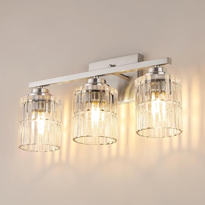 TALOYA 19 Inch Bathroom Light Fixtures,Modern 3-Light Brushed Nickel Vanity Lights with Wide Vertical Ribbed Thickened Glass Shade Wall Sconces for Mirror Makeup Room Hallway（Bulbs Not Included）