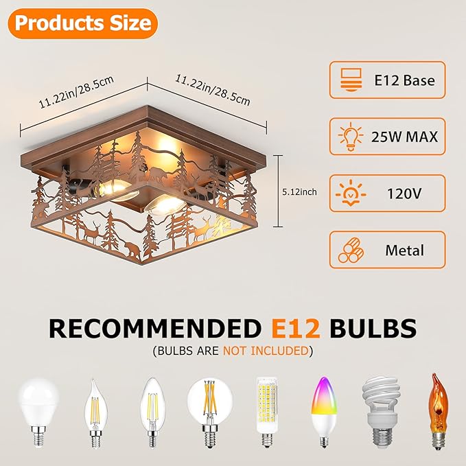 11" Rustic Farmhouse Flush Mount Ceiling Light, 2-Light Metal Fixture with Deer & Bear Design, Square Vintage Industrial Metal Cage Light Perfect for Kitchen, Foyer, Bedroom