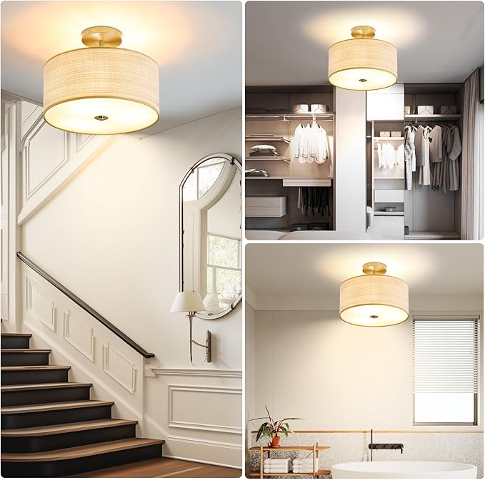 Fabric Semi Flush Mount Lighting Fixture, Modern Semi Chandeliers for Dining Room, Drum Farmhouse Ceiling Lighting Fixture, Brown Fabric Shade 3-Light for Kitchen Island Bedroom Hallway Foyer