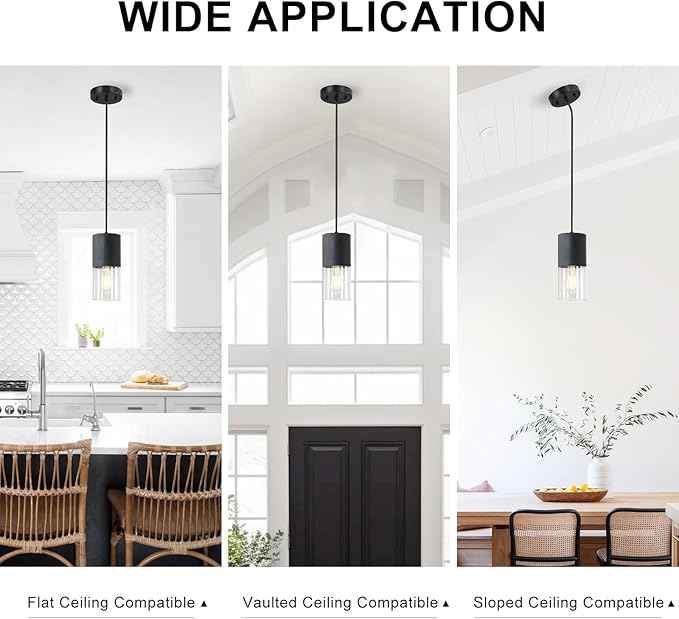 3-Pack Black Pendant Light Fixtures, Adjustable Modern Pendant Lights for Kitchen Island, Industrial Clear Glass Pendant Lights for Dining Table Hallway Bedroom Living Room
