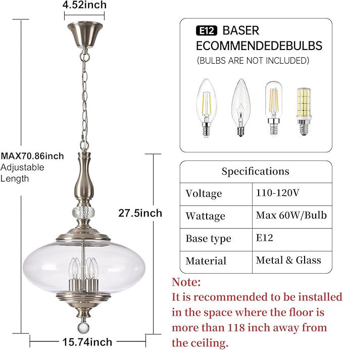 Modern Glass Large Pendant Light Brushed Nickel 5-Light Chandelier for Dining Room, Kitchen Island, H 27.5" x W 15.7", Adjustable Hanging Height
