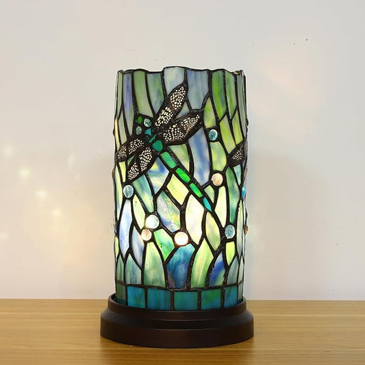 Tiffany Style Table Lamp for Bedroom Baroque Stained Glass Nightstand Bedside Night Lamp Party Light Hand-Made Art Home Deco Christmas Gifts W/ 2 LED Bulbs (3 Color Temperatures+Flame Bulb)