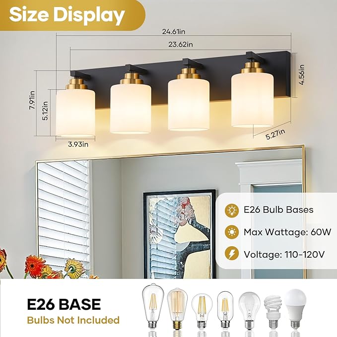 Bathroom Vanity Light Fixture, 4-Light Black and Gold Bathroom Light Fixtures Over Mirror with Milky White Glass Shades, Modern Vanity Lights for Bathroom Living Room Hallway (Bulbs Not Included)