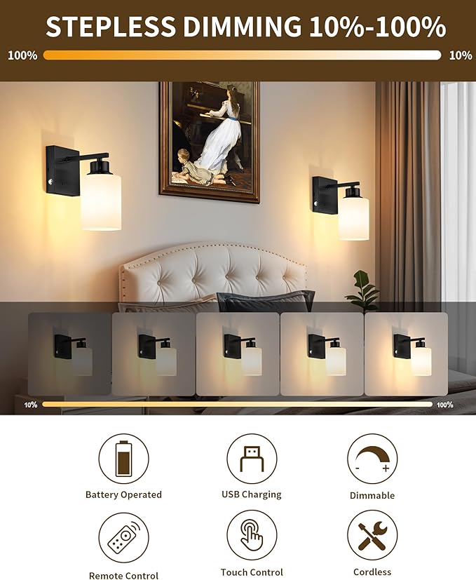 Rayogale Battery Operated Wall Sconce Set of 2, Black Rechargeable Wall Lights with Timer Function, Easy Install Dimmable Wireless Wall Lamps for Living Room, Bedroom, Hallway, Entryway Decor 3000K