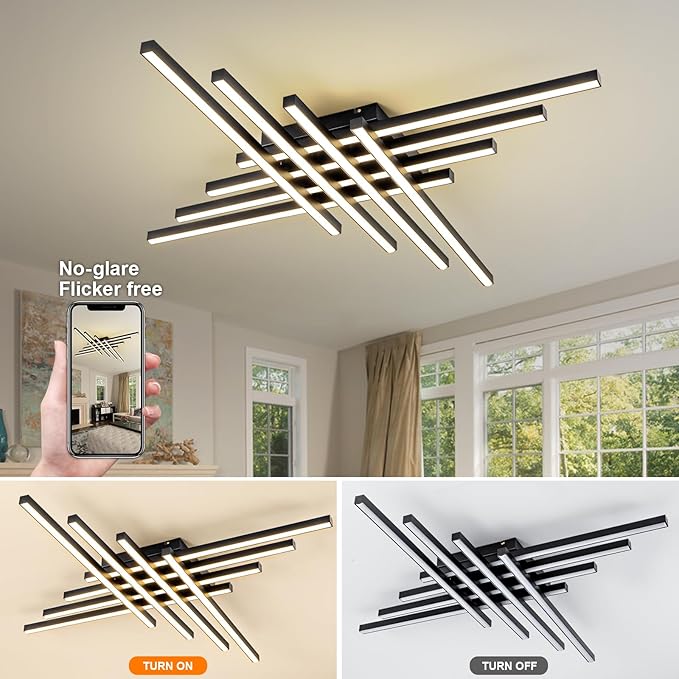 JAYMP 45.7" Modern Ceiling Light with Remote, Black Sputnik Ceiling Lamp, 128W Dimmable LED Lighting Fixture for Dining Room, Living Room, Kitchen Island, 8 Lights