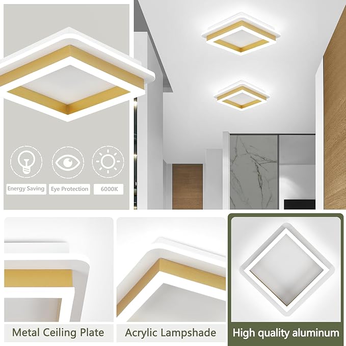 CANEOE Square Flush Mount Ceiling Light 24W Modern Led Hallway Ceiling Light Fixtures Gold Close to Ceilings Lamp for Bedroom Bathroom Living Room Laundry Kitchen