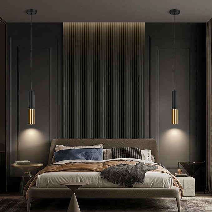 Modern Black Pendant Light Fixture for Kitchen Island, 1-Light Pendant Lighting, Lights Cord Adjustable, Matching GU10 lamp Holder,for Living Room Bedroom Dining Room (Black&Gold-3Pack)