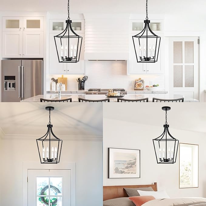 4-Light Black Lanter Chandelier, Height Adjustable Hanging Lighting, Farmhouse Dining Room Pendant Light Fixture for Kitchen Island Entryway Staircase, E12 Bulb Base