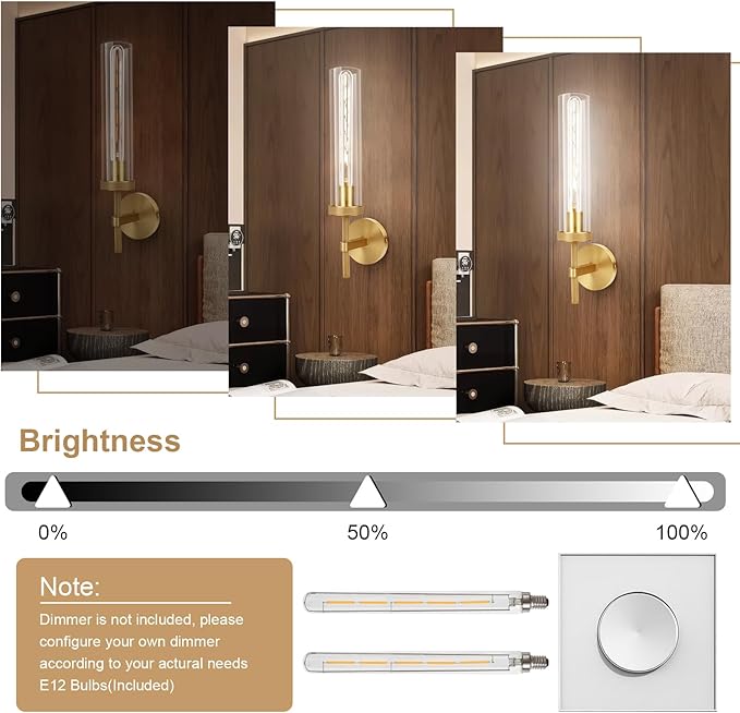 Brass Wall Sconces Set of Two with White Lights, 19.5'' Brushed Brass Knurled Bathroom Sconces Wall Lighting Vanity Light with Clear Glass for Living Room Mirror Bedroom Stairs