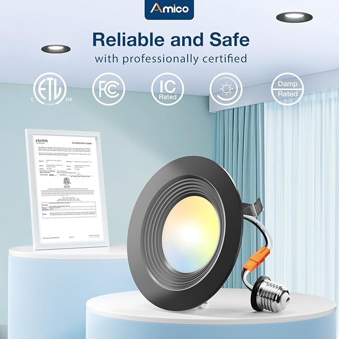 Amico 4 Inch 5CCT LED Recessed Lighting 12 Pack, Dimmable, Damp Rated, 8.5W=60W, Can Lights with Baffle Trim, Retrofit Installation, ETL&FCC, Black