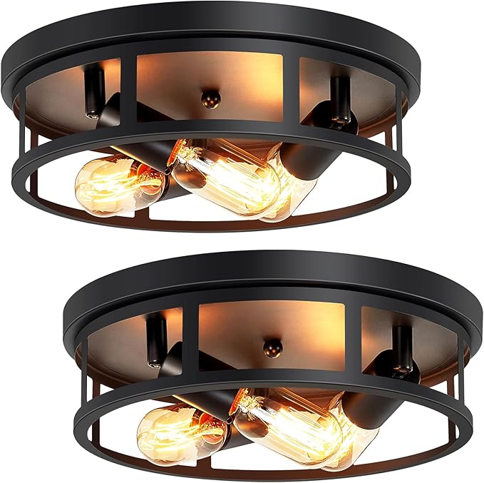 2 Pack Farmhouse Flush Mount Ceiling Lights,3-Light Black Hallway Light fixtures,Rustic Semi Flush Mount Lighting for Kitchen Dining Room Entryway Hall,E26 Base