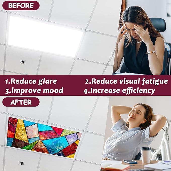 6 Pcs Fluorescent Light Covers with 60 Magnets Decorative for Classroom Ceiling Lights 4 x 2 Feet Magnetic Light Cover Filter Easy Install for Office Hospital Home Ceiling Supplies (Stained Glass)