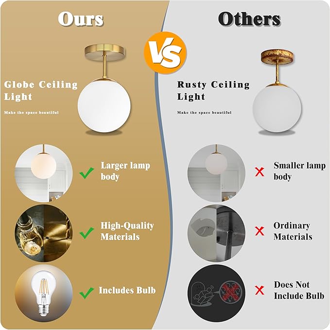 Gold Globe Semi Flush Mount Ceiling Light,Mid Century Modern Light Fixture Ceiling,Globe Ceiling Light for Hallway Living Room Kitchen Bedroom Storage Schoolhouse Laundry(Bulb Incl.)