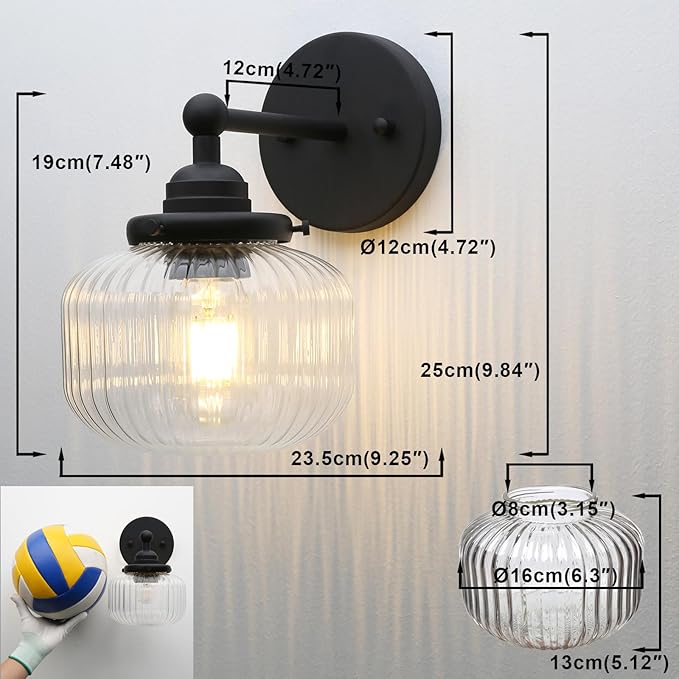 Yosoan 1-Light Indoor Modern Wall Sconce, Vanity Modern Single Vintage Industrial Wall Mount Fixture Lights with Clear Striped Glass Shade Lamp for Bathroom Kitchen Mirror Bedroom Dinning Room(Black)