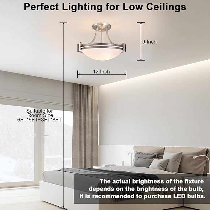 Bektas Semi Flush Mount Ceiling Light Fixture 12inch Brushed Nickel Flush Mount Ceiling Light with Milk Glass for Bedroom Kitchen Bathroom Hallway Foyer Dinning Room Hall Entryway