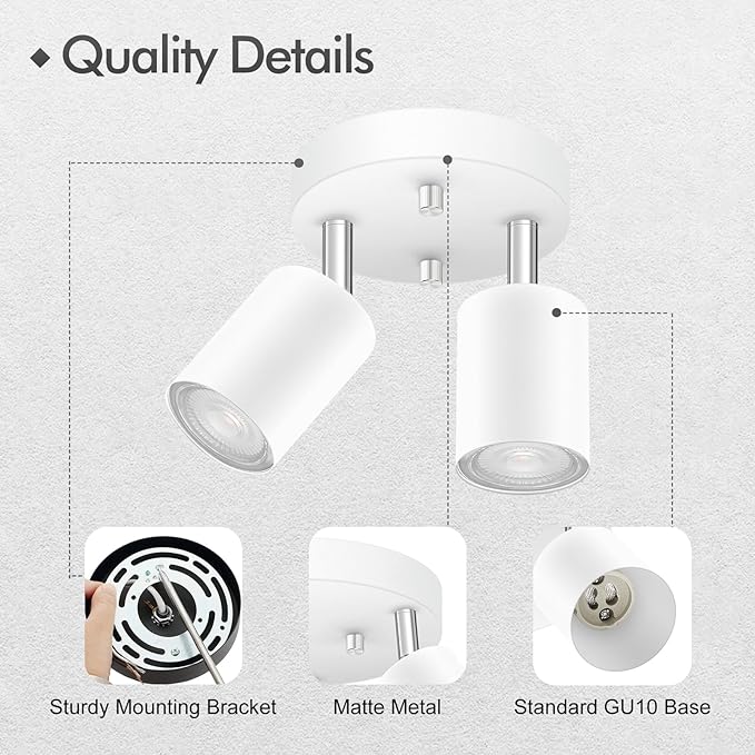 2 Light Track Lighting Fixtures Ceiling, Matte White Round Directional Ceiling Spotlight, GU10 Flush Mount Track Fixture, Flexibly Rotatable Light Head for Kitchen/Living Room, Bulb Not Included