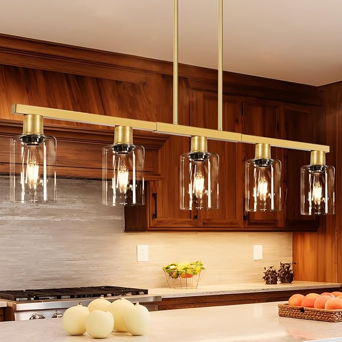 5-Light Kitchen Island Lighting Gold Adjustable Chandelier, Farmhouse Dining Room Light Fixtures Over Table, Height Adjustable Linear Pendant Light Fixture with Clear Glass Shade for Kitchen