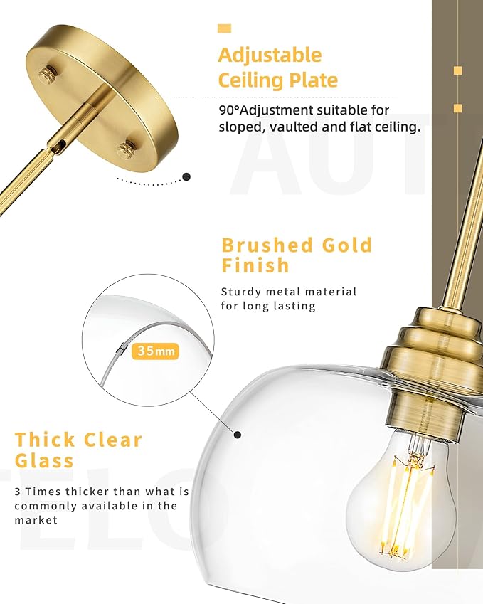 AUTELO Gold Pendant Lights, 1-Light Pendant Lights Kitchen Island in Brushed Gold Finish with Clear Glass, Vintage Pendant Light Fixtures, Gold Hanging Lights for Kitchen Island H9385 BG-R