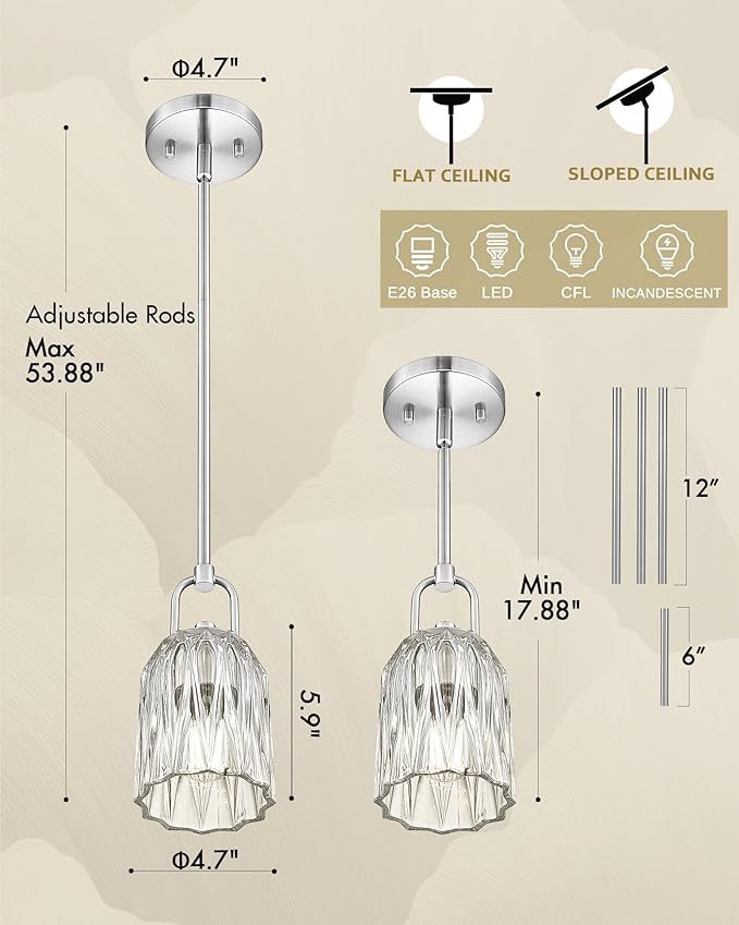 FEMILA Brushed Nickel Pendant Light Fixtures, Glass Pendant Light Modern Pendant Lighting for Kitchen Bedroom Hotel, E26 Base, 4FH83MIL BN