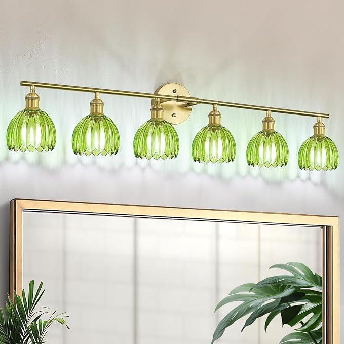 Vintage Bathroom Light Fixtures,6-Light Hardwired Vanity Lights with Green Tulip Glass Shade,Gold Bathroom Vanity Light for Mirror Restroom,E26 Socket,40.55 in(Bulbs Not Included)